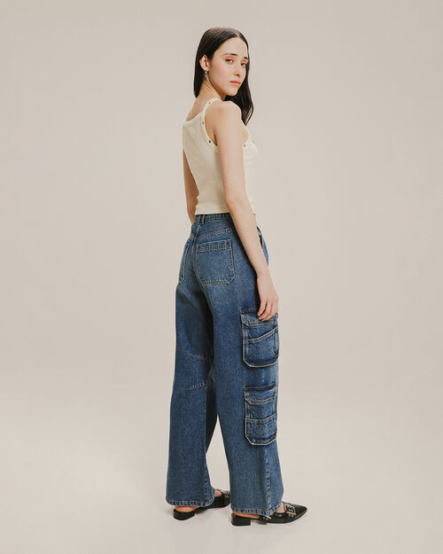 Jeans Wide Leg Cargo Azul